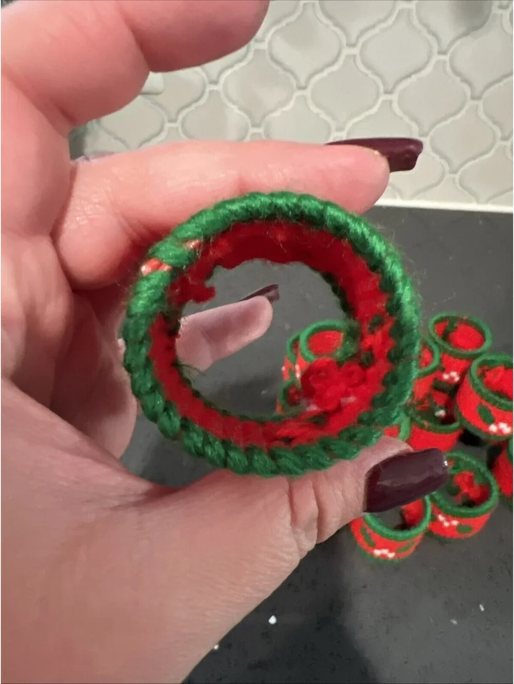 Handmade Needlepoint Holly Berry Christmas Napkin Ring Set of 17 Red Green White